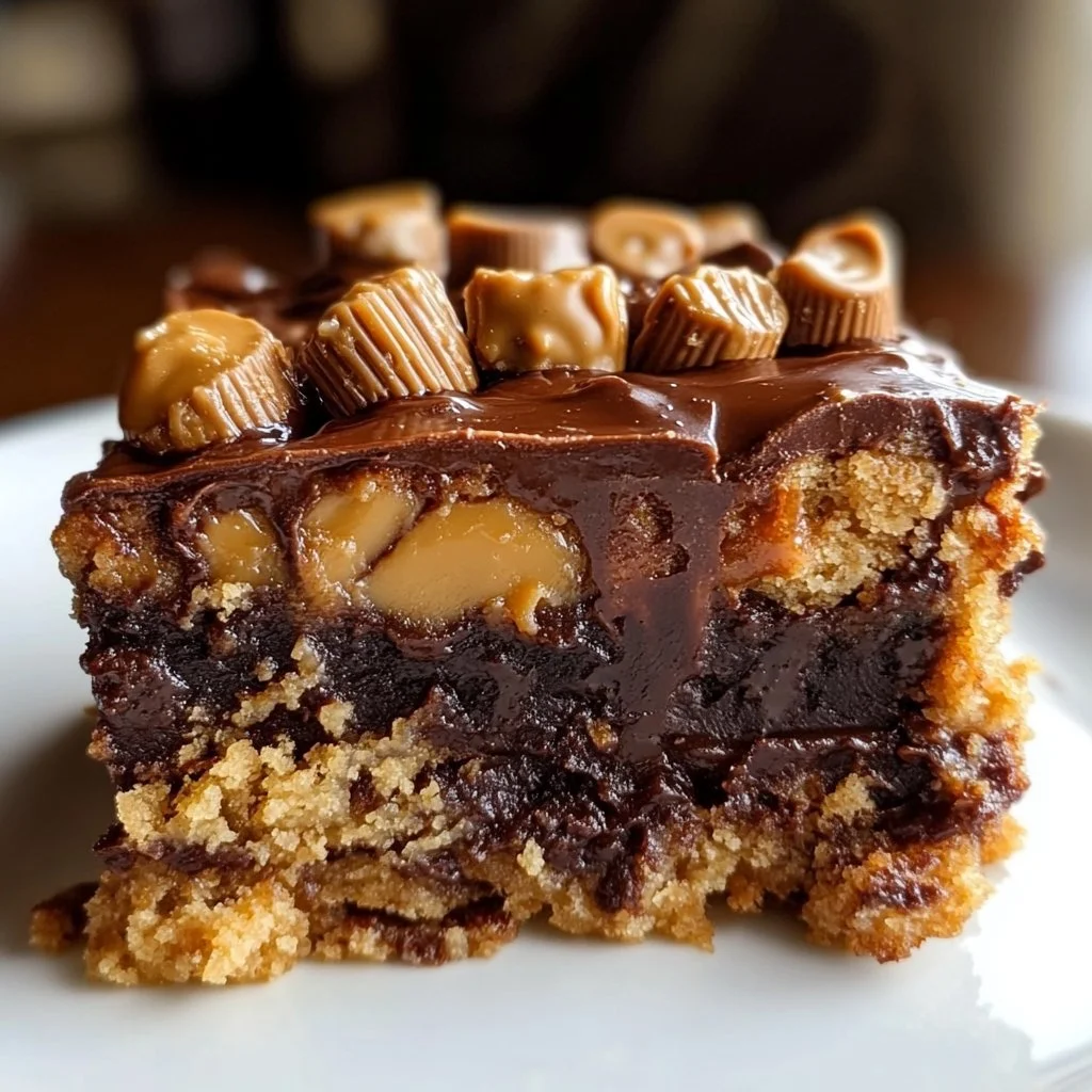 Delicious Peanut Butter Cup Dump Cake topped with chocolate and peanut butter cups