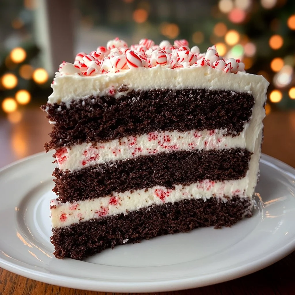 Delicious peppermint mocha Christmas cake decorated with festive toppings.