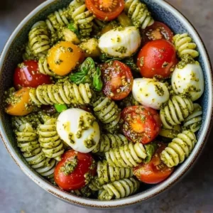 Bowl of Pesto Caprese Pasta Salad with tomatoes and mozzarella