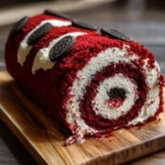 Delicious Red Velvet Oreo Cake Roll with cream cheese filling and Oreo crumbs.