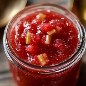 Homemade rhubarb jam in a jar with fresh rhubarb stalks