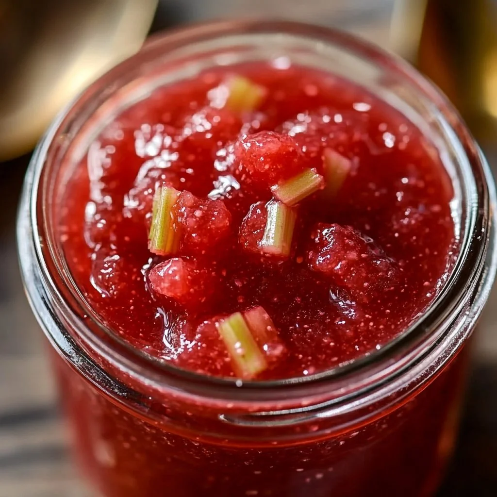 Homemade rhubarb jam in a jar with fresh rhubarb stalks