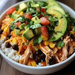 Slow Cooker Chicken Burrito Bowl with fresh ingredients in a bowl.