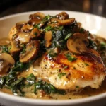 Plate of smothered chicken with creamy spinach and mushrooms