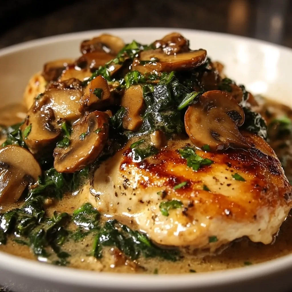 Plate of smothered chicken with creamy spinach and mushrooms