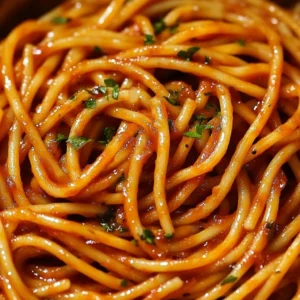 Plate of spicy spaghetti pasta with herbs and chili peppers