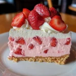 Slice of Strawberry Dream Cheesecake with fresh strawberries on top