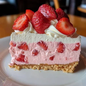 Slice of Strawberry Dream Cheesecake with fresh strawberries on top