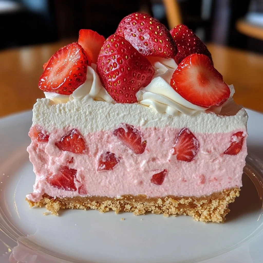 Slice of Strawberry Dream Cheesecake with fresh strawberries on top