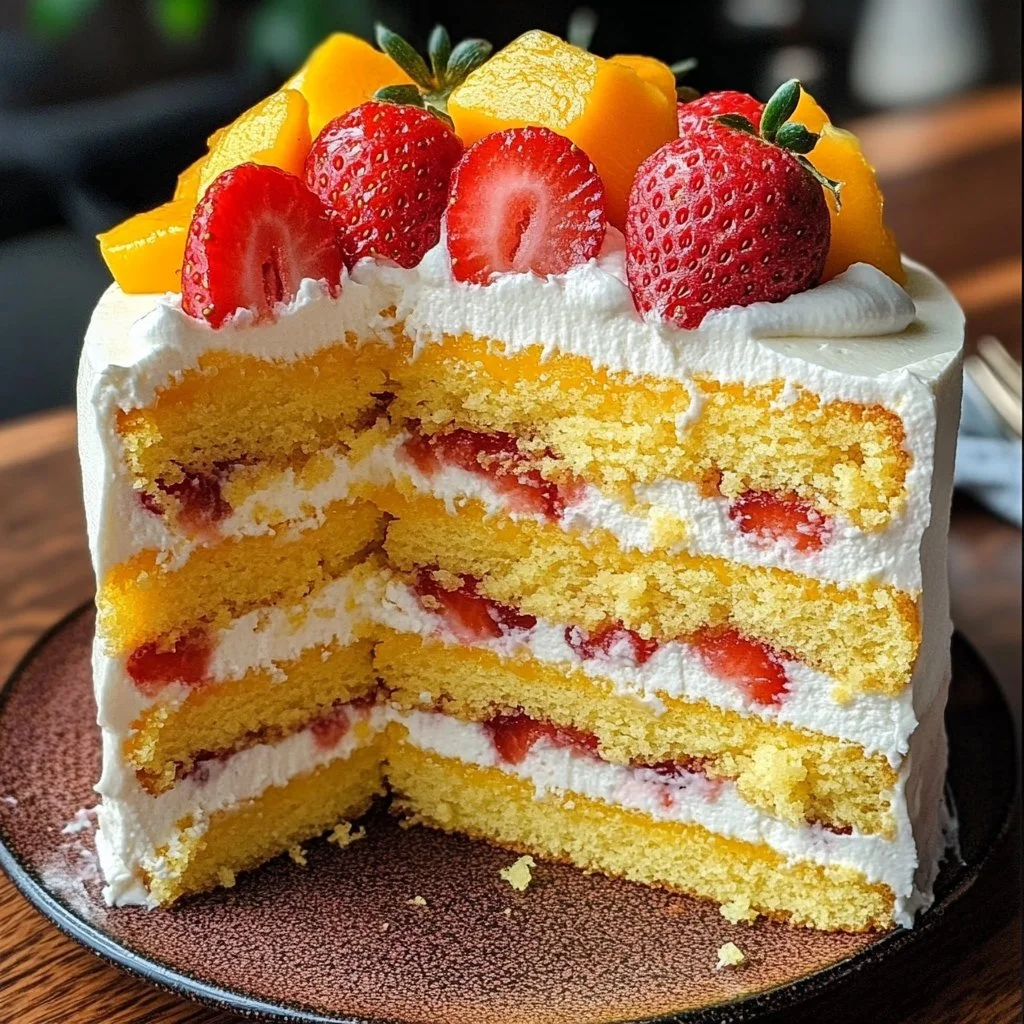 Strawberry Mango Cake topped with fresh fruits and cream