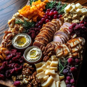 Thanksgiving charcuterie board with seasonal cheeses, meats, and fruits