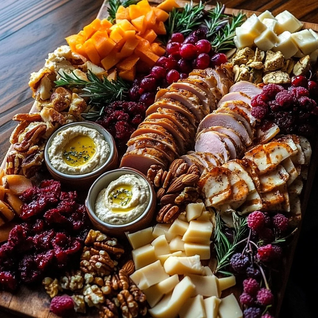 Thanksgiving charcuterie board with seasonal cheeses, meats, and fruits