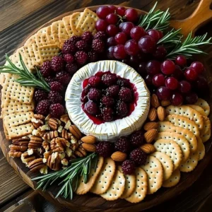 A beautifully arranged Thanksgiving cheese board featuring assorted cheeses and fruits.
