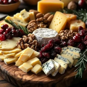 Beautiful Thanksgiving cheese platter featuring various cheeses and accompaniments.