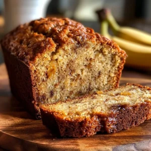 Toffee banana rum bread freshly baked and served on a wooden table.