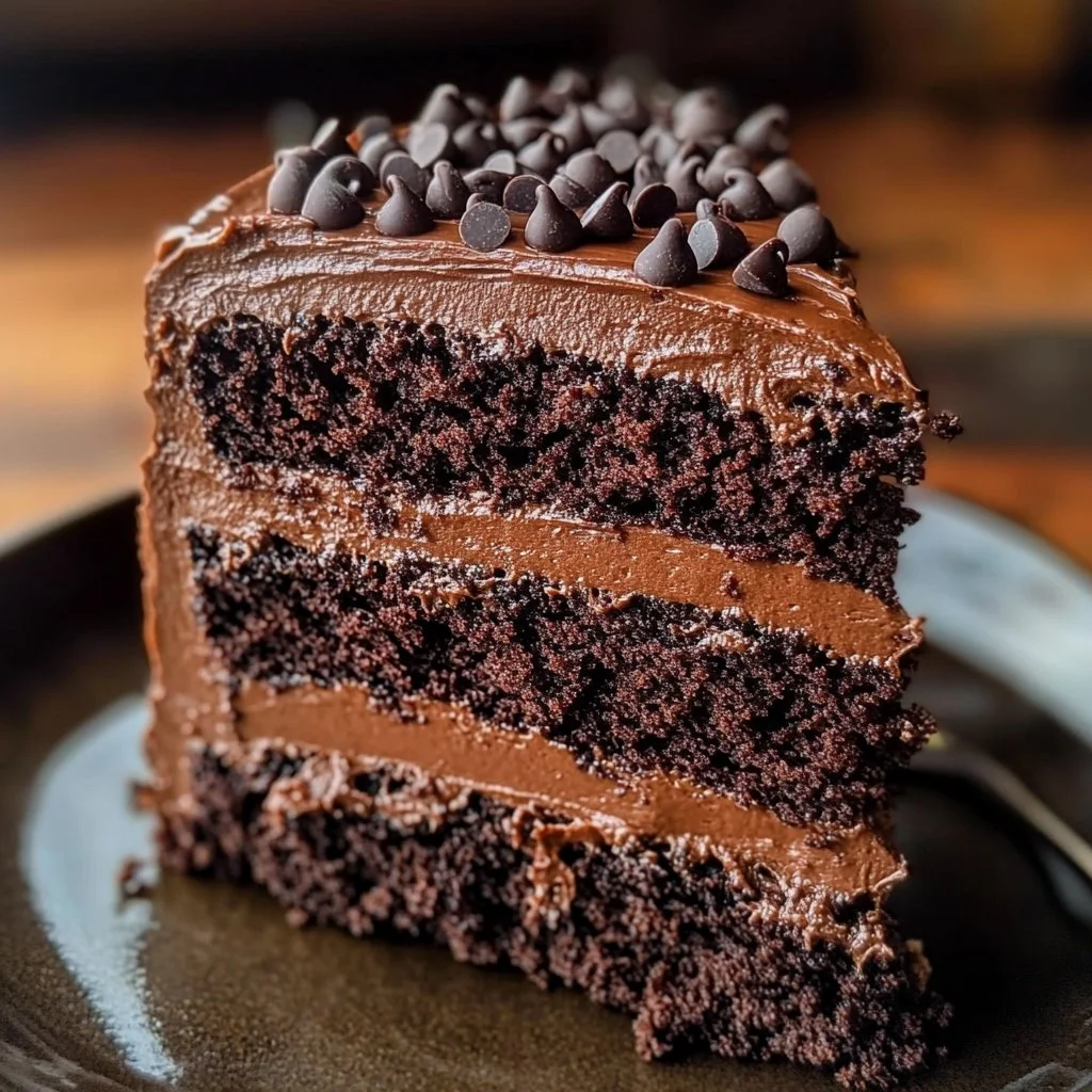 Delicious triple chocolate cake with layers of rich chocolate frosting and decoration.