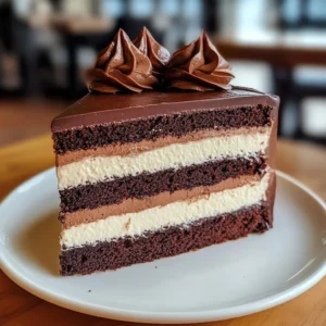 Slice of rich triple chocolate mousse cake topped with chocolate shavings.