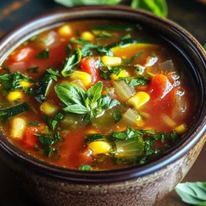 Bowl of vibrant summer minestrone with fresh vegetables and herbs