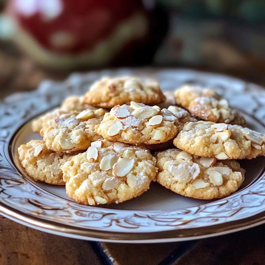Delicious Almond Cloud Cookies on a plate with almonds scattered around.