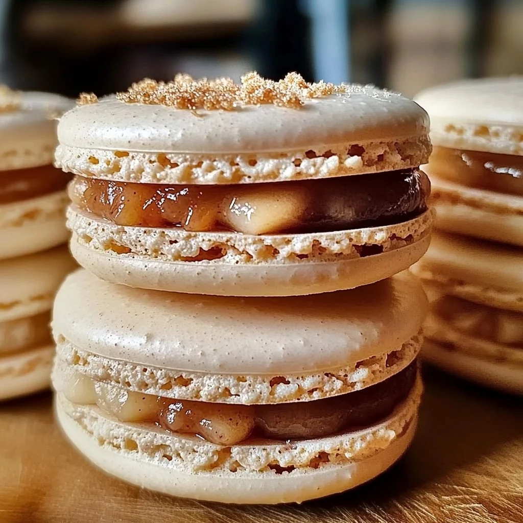 Delicious Apple Pie Macarons with apple filling and cinnamon flavors.