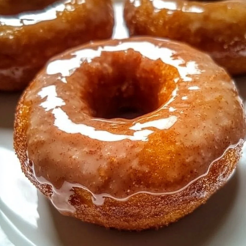 Baked apple cider doughnuts with cinnamon maple glaze on a plate