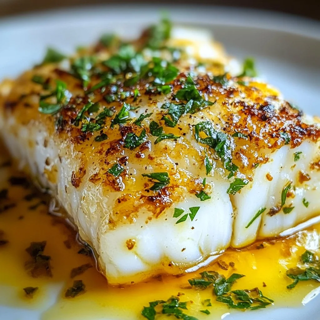 Baked cod fillet drizzled with lemon garlic butter on a white plate.
