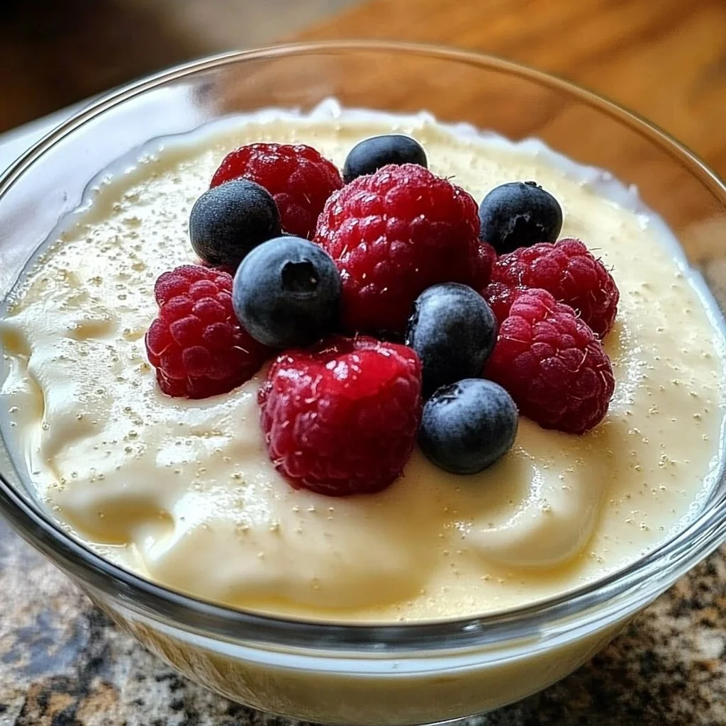 Bavarian cream custard dessert in a glass topped with fresh berries