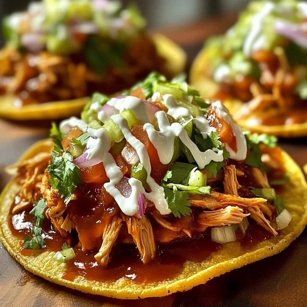 Delicious BBQ chicken tostadas topped with fresh ingredients and drizzled with sauce.