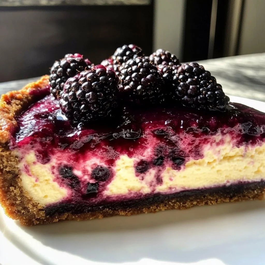 Delicious slice of blackberry cheesecake topped with fresh blackberries