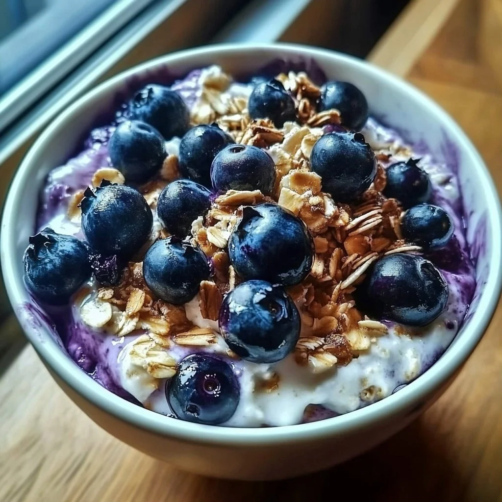 Bowl of blueberry overnight oats topped with fresh blueberries and nuts