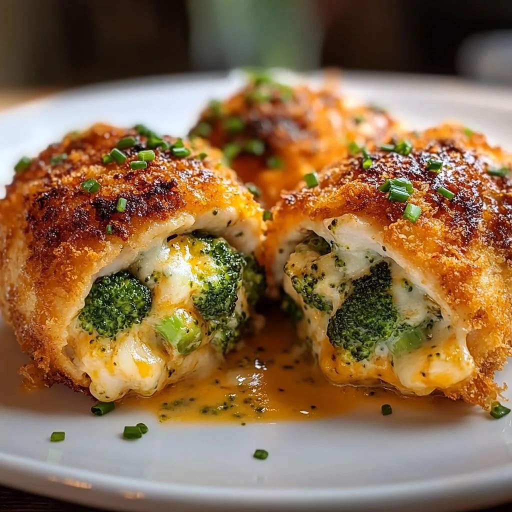 Juicy broccoli cheese stuffed chicken breast served on a plate