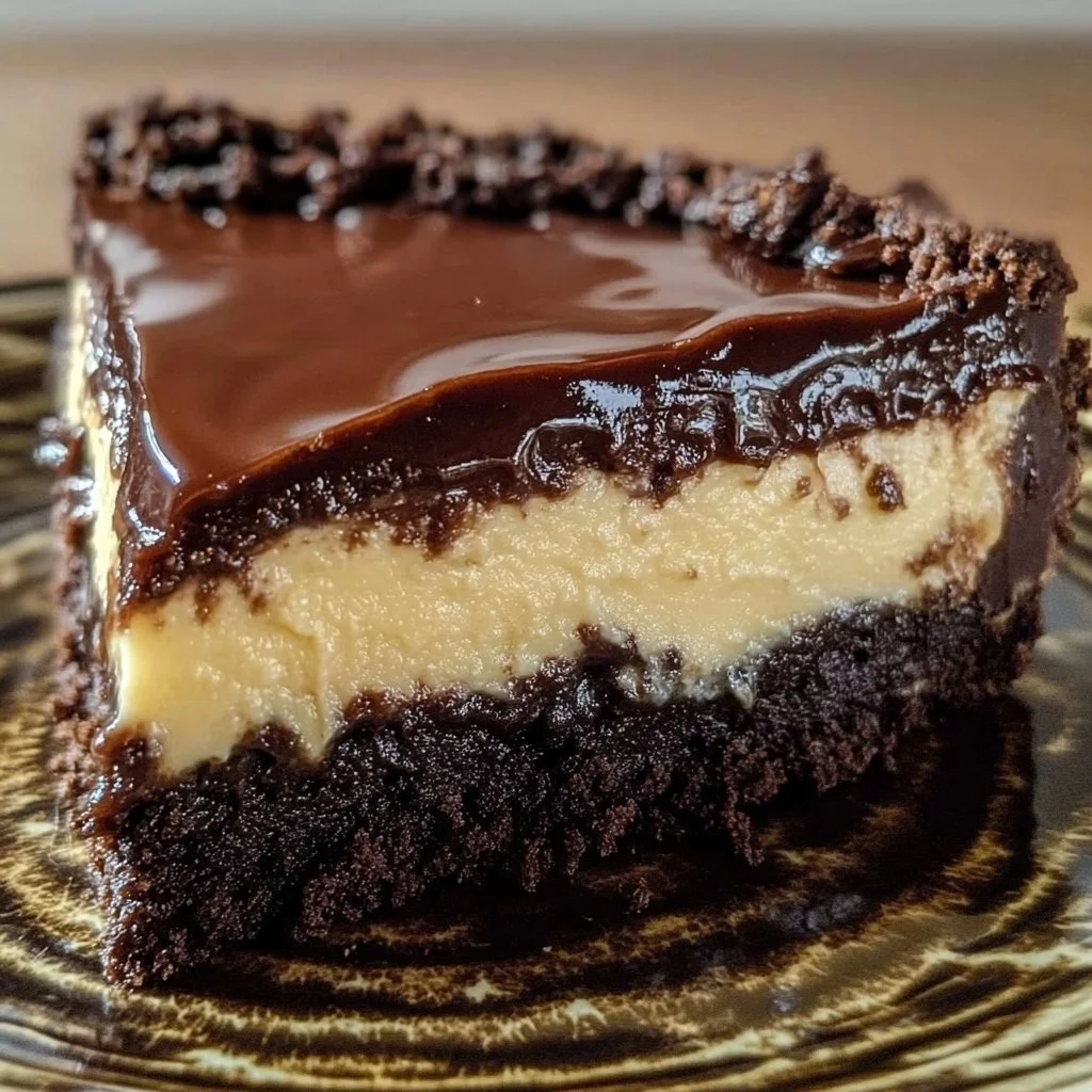 Delicious slice of Brownie Cheesecake with chocolate drizzle and whipped cream