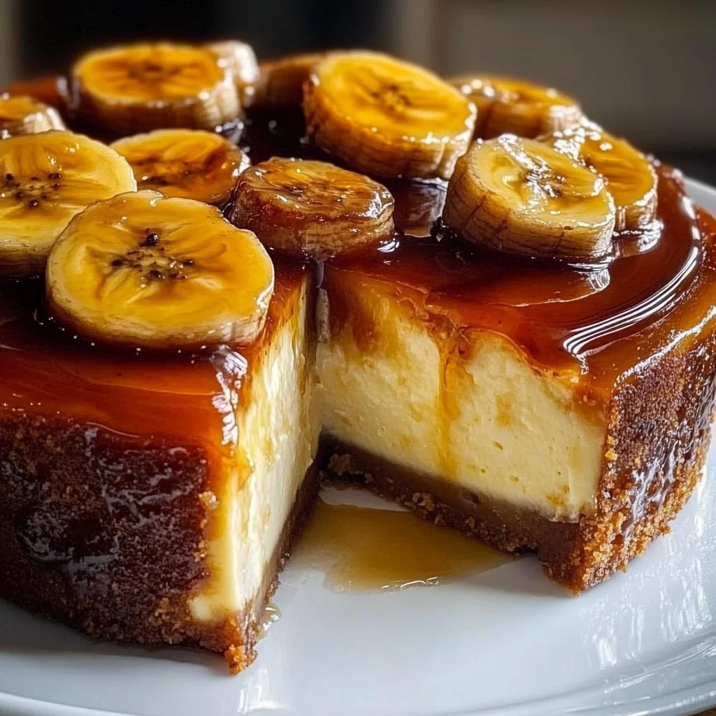 Delicious caramelized banana cheesecake topped with fresh bananas and caramel sauce