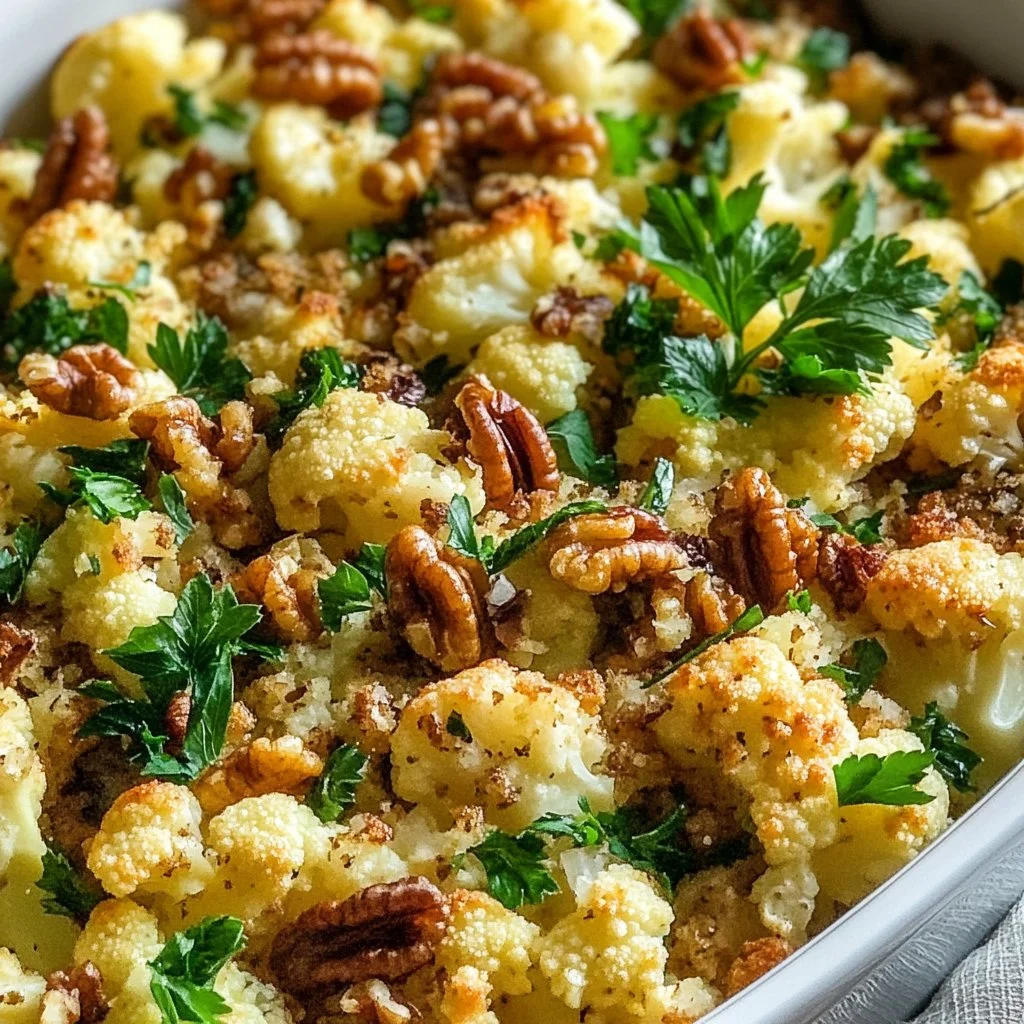 Bowl of flavorful cauliflower stuffing with herbs and spices