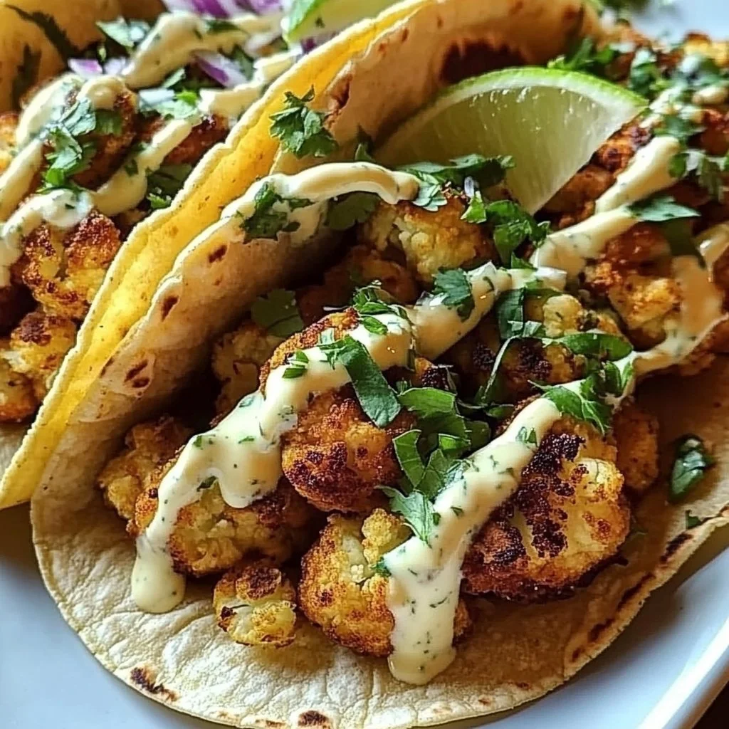 Delicious cauliflower tacos served on a plate with fresh toppings