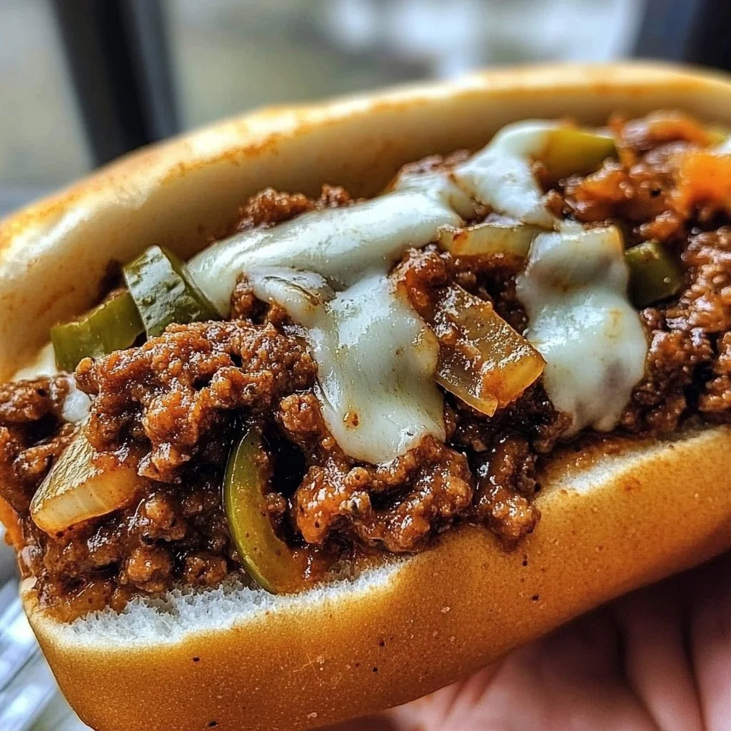 Cheesesteak style Sloppy Joes on a plate with toppings