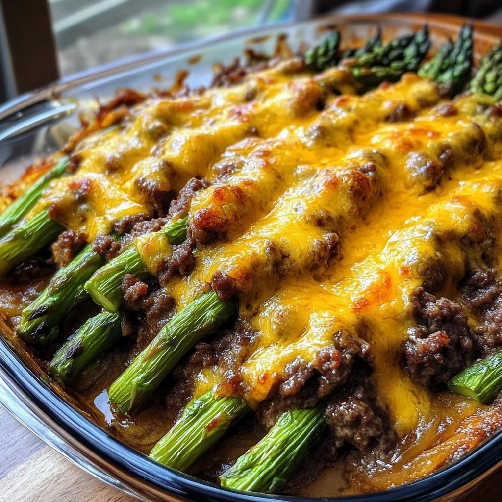 Cheesy baked asparagus with beef, a delicious and nutritious dish
