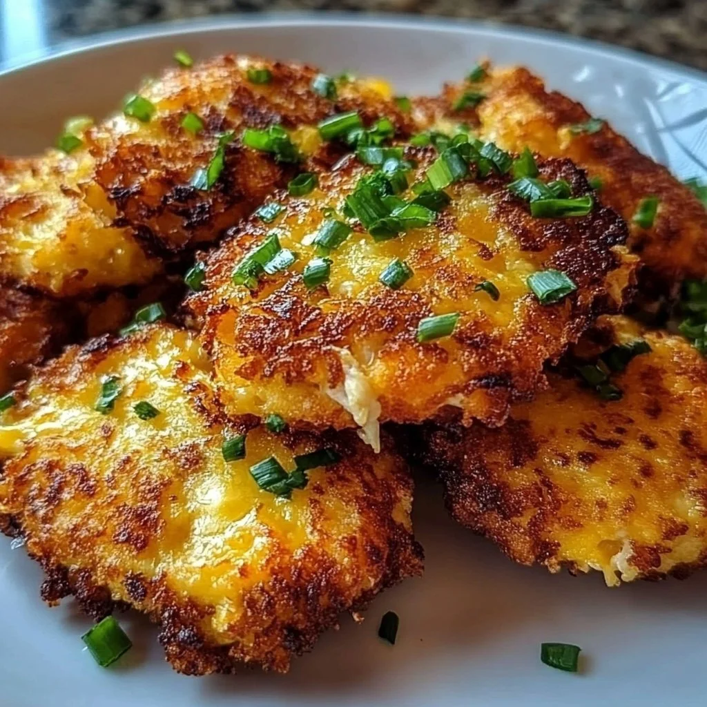 Crispy cheesy chicken fritters served on a plate with dipping sauce