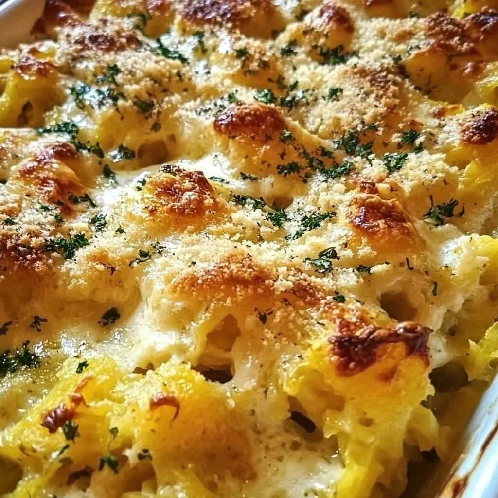 Delicious Chicken Alfredo Spaghetti Squash Casserole served in a baking dish.