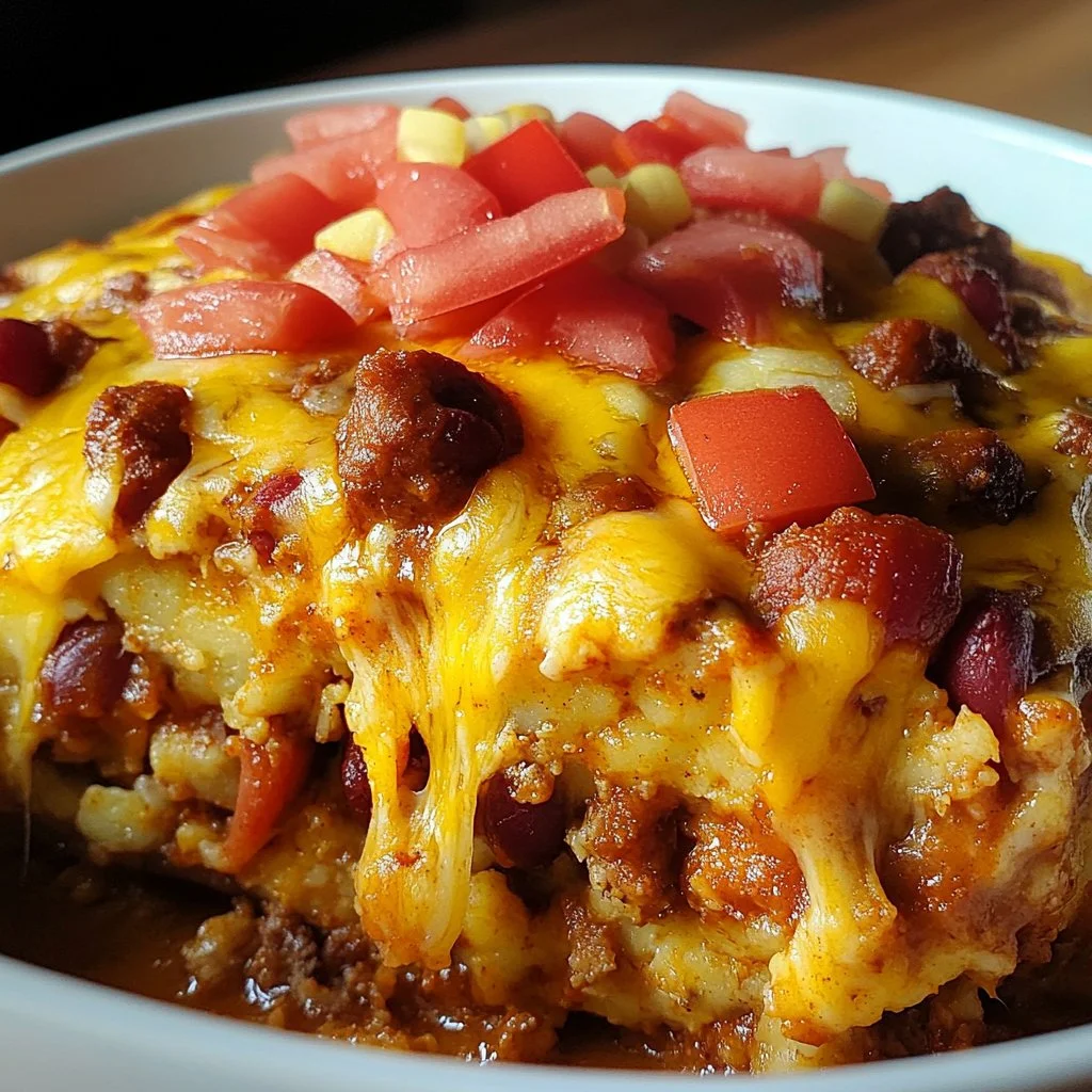 Chili Cheese Dog Casserole topped with cheese and chili in a baking dish.