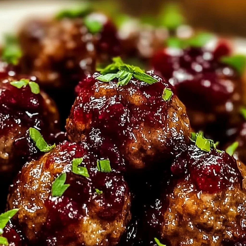 Plate of Christmas cranberry meatballs with festive garnish