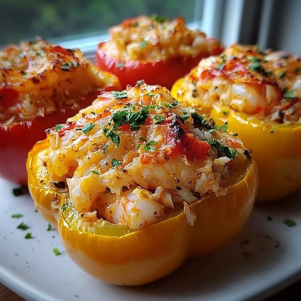Delicious crab and shrimp stuffed bell peppers on a plate