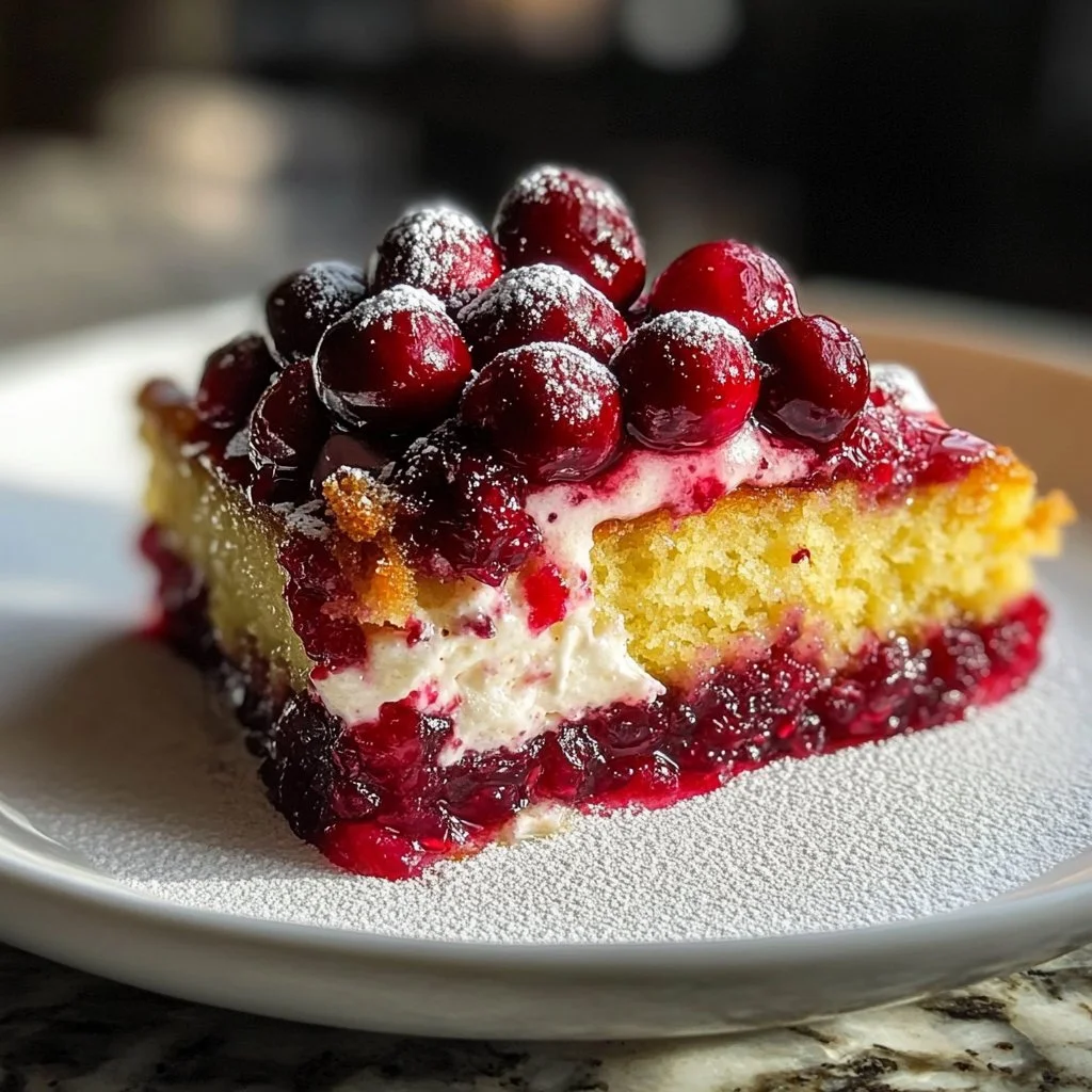 Delicious cranberry dessert topped with berries and whipped cream