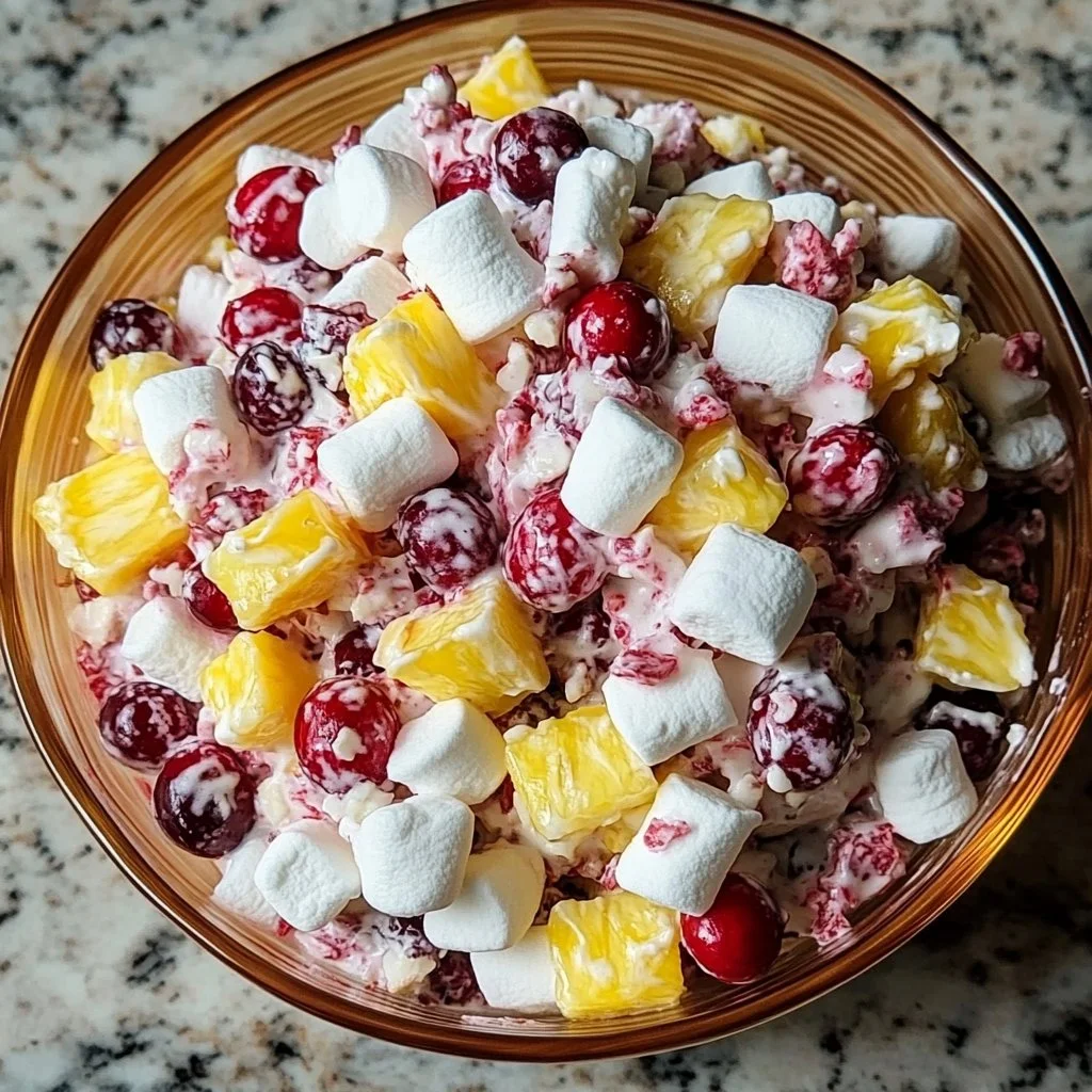 Cranberry Fluff salad served in a bowl with whipped cream and berries