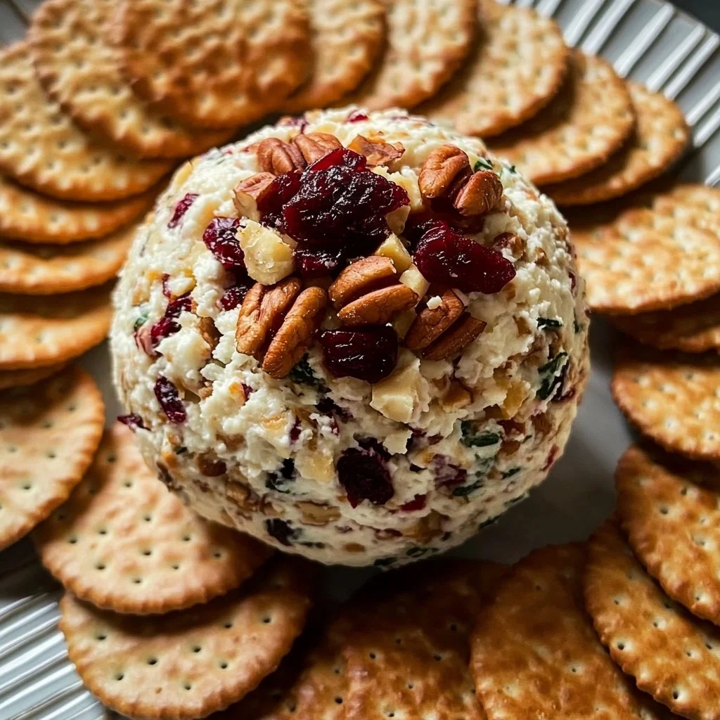 Delicious creamy cheese ball served with crackers and fresh herbs.