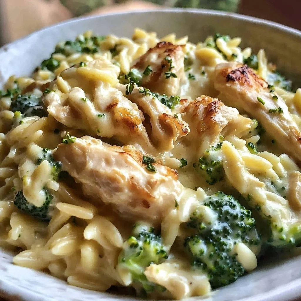 Creamy cheesy chicken broccoli orzo served in a bowl with a sprinkle of cheese