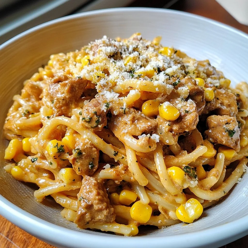 Creamy Chicken and Corn Pasta with Beef dish served in a bowl