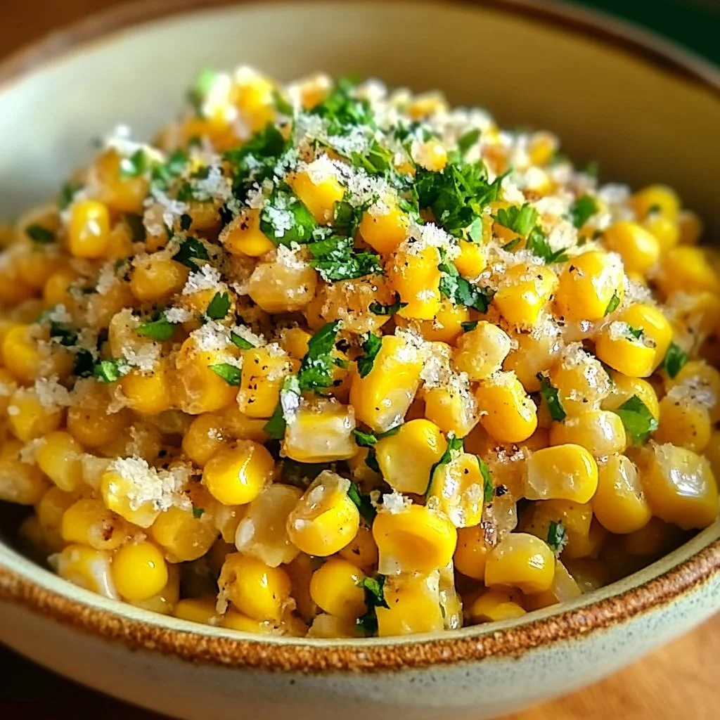 Creamy corn side dish served in a bowl garnished with herbs