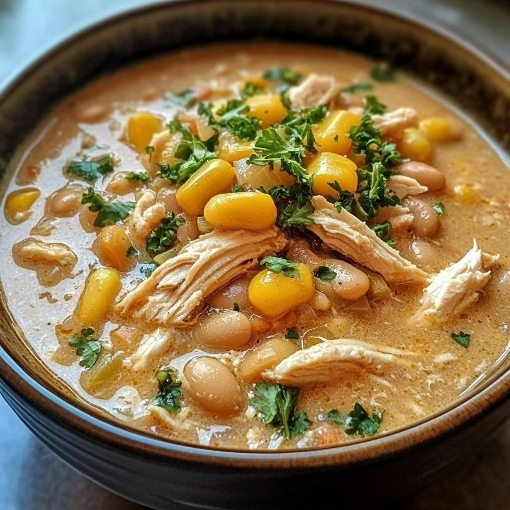 Bowl of creamy crockpot white chicken chili topped with cilantro and cheese.