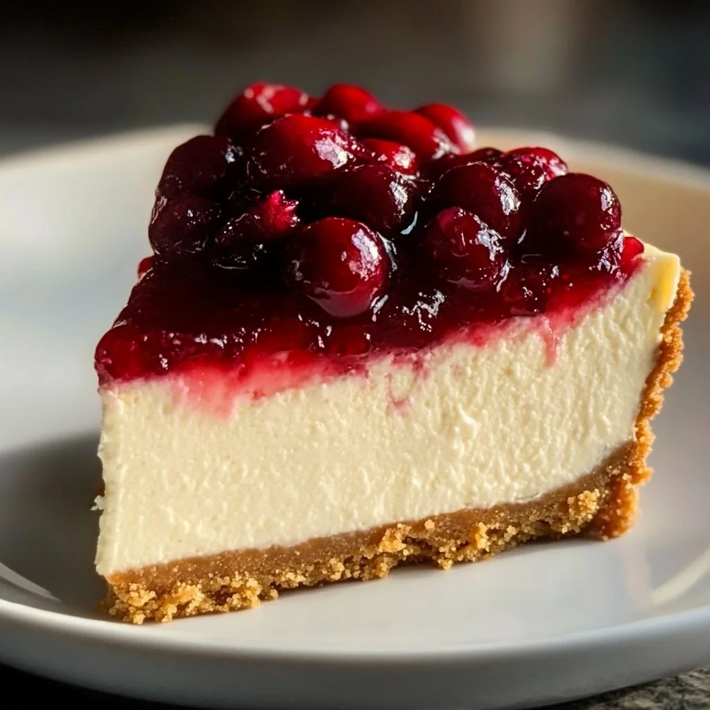 Slice of creamy dreamy cheesecake topped with fresh berries